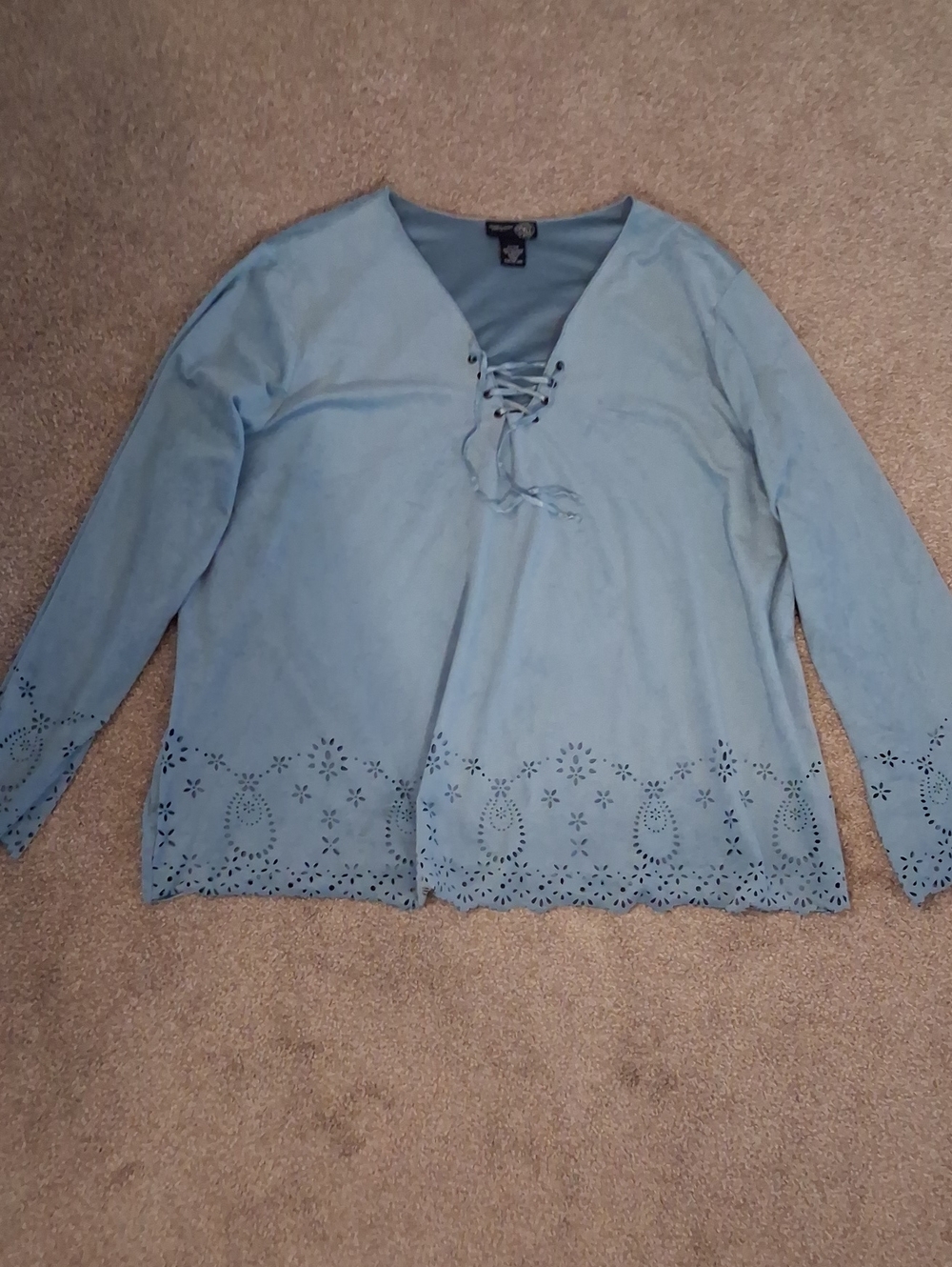 Venezia Jeans Baby Blue Faux Suede Blouse. Soft Eyelet Cutout Style. String Tie